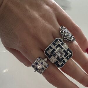 Elegant Silver and blue Geometric Ring Set 3 rings size 6